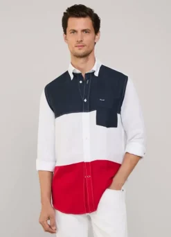 regular fit colour block linen shirt