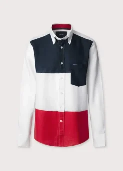 regular fit colour block linen shirt